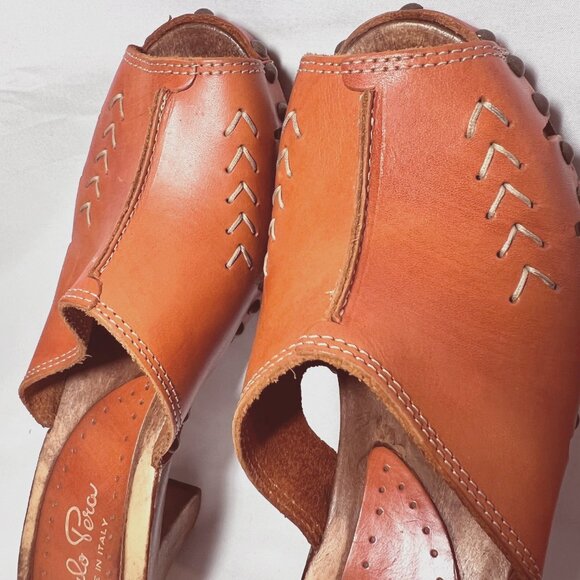 Carlo Pera-Made/Italy-Women's Slip on Clogs-Orange Leather-Sz 7-Studs-Wood-Open - Picture 8 of 16